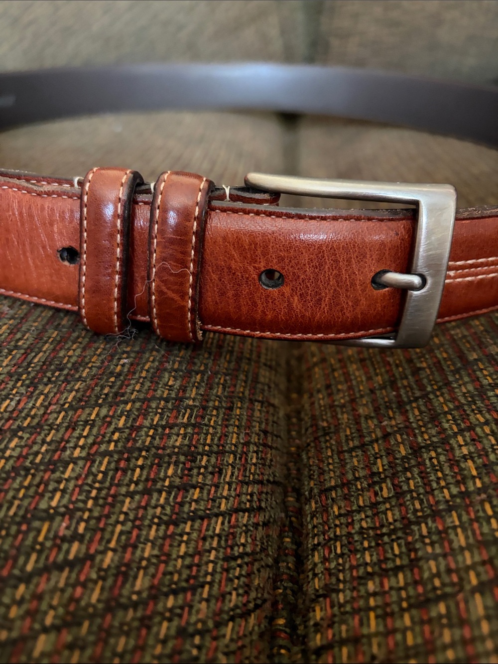 Allen Edmonds Men Belt Cognac Brown Size 42 Leather Made USA brass buckle Italy